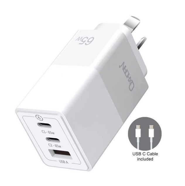 Just You PC Oxhorn 65W GaN Type C Fast Charger 3 Port 2xUSB-C 1xUSB-A PD3.0 QC4.0 PPS Aus Approved C-Tick White With Cable