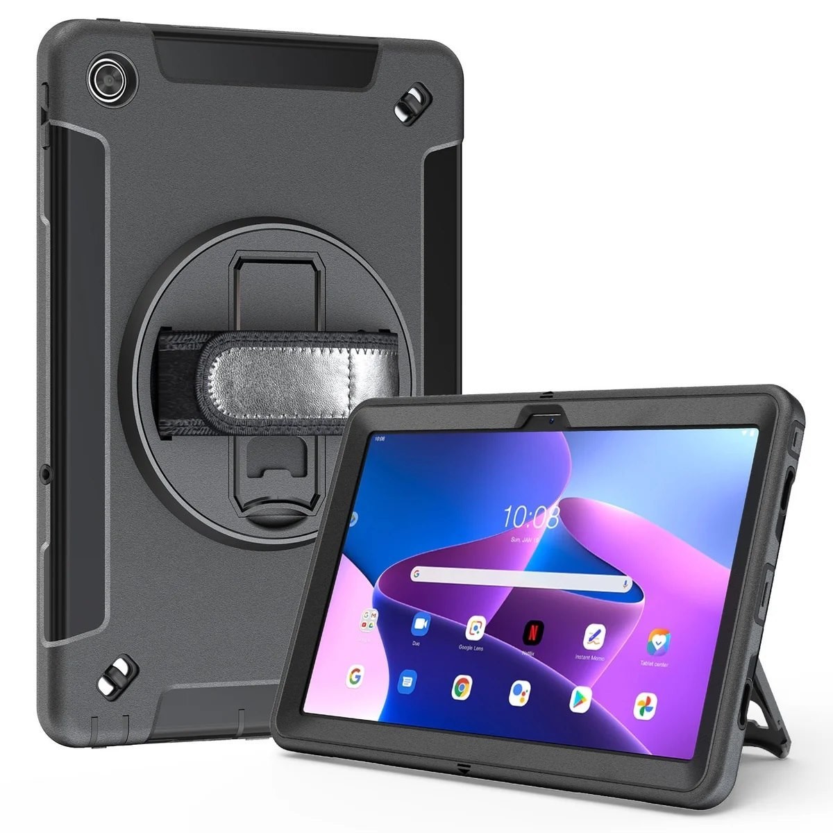 Usp Rugged Lenovo Tab M11 (11') Case + Screen Protector Black - Built-in-Kickstand, Adjustable Hand Strap, Shoulder Strap, DropProof, ShockProof
