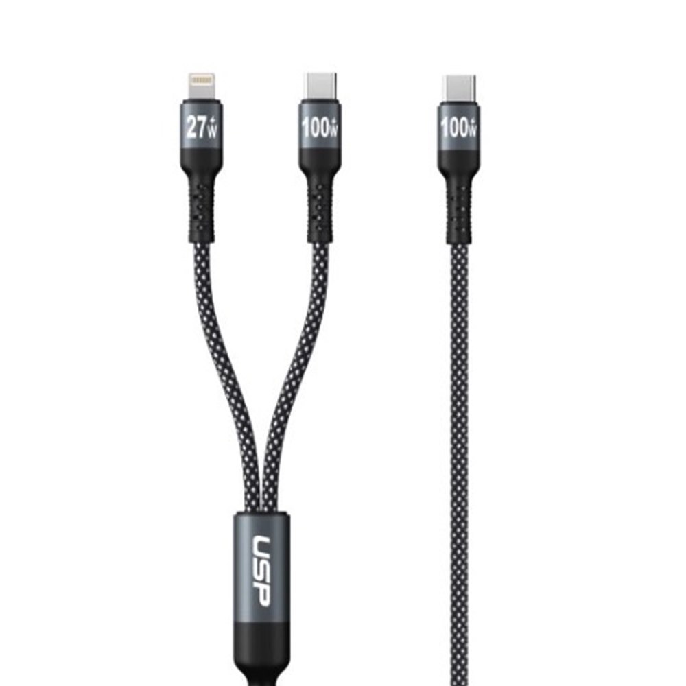Usp Braided 2-In-1 Usb-C To Lighting (27W) + Usb-C (100W) Super Fast Charging Cable (1.2M) Black - High Speed Charging