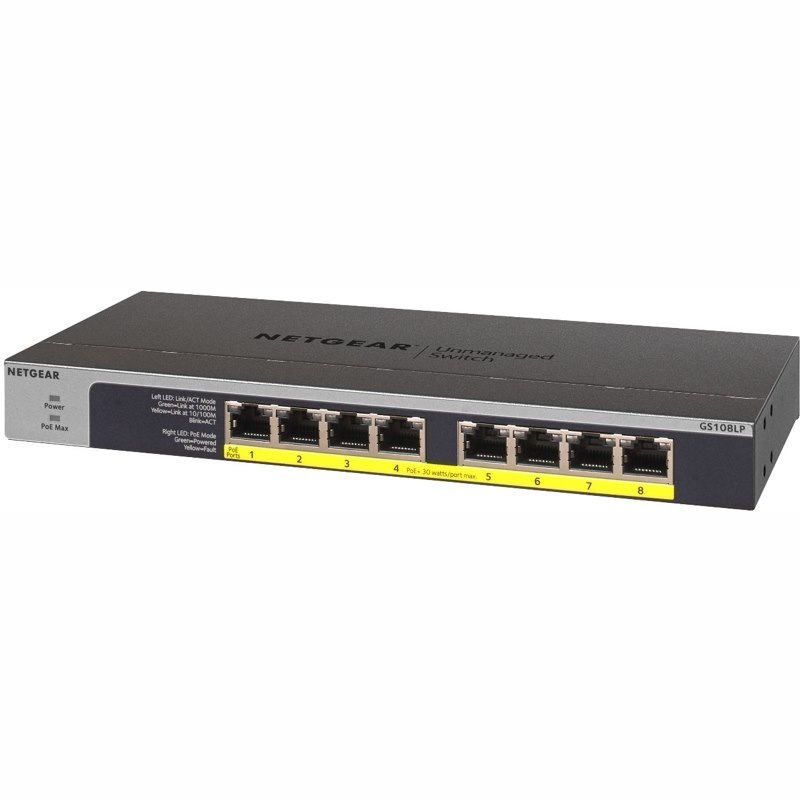 Netgear (GS108LP) 8-Port Unmanaged Switch, Poe+(8), 60W(Upg To 123W), Life WTY