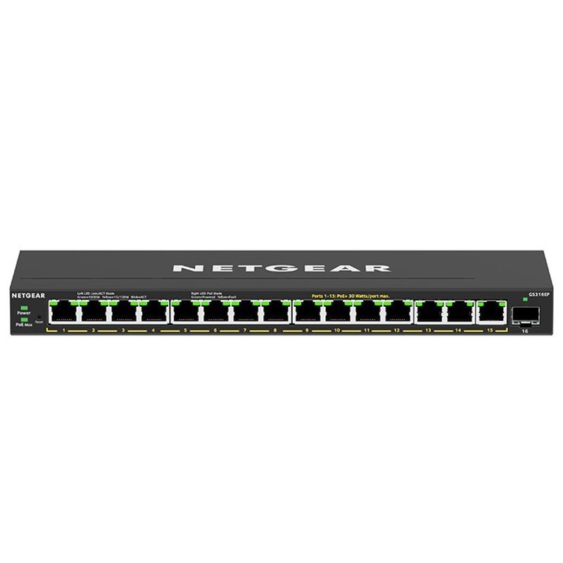 Netgear (Gs316ep) 16-Port Web Manged Switch, Poe+(16) 180W, Desk/Wall, 2YR