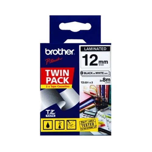 Brother Tze-231V2-Twinpack - 12MM Black On White Twin Pack Tze Tape