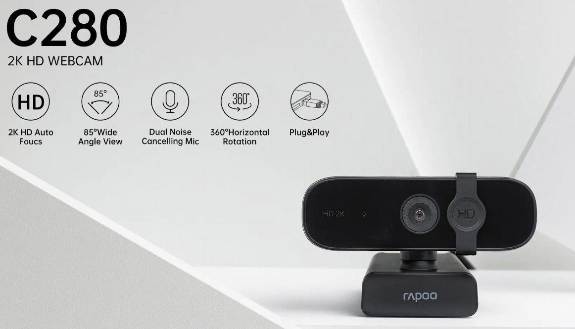 Rapoo C280 2K Webcam - Wide Angle Lens, Noise Canceling Mic, Plug & Play, Teams, Google Meet, Zoom, Does Not Support Windows Hello