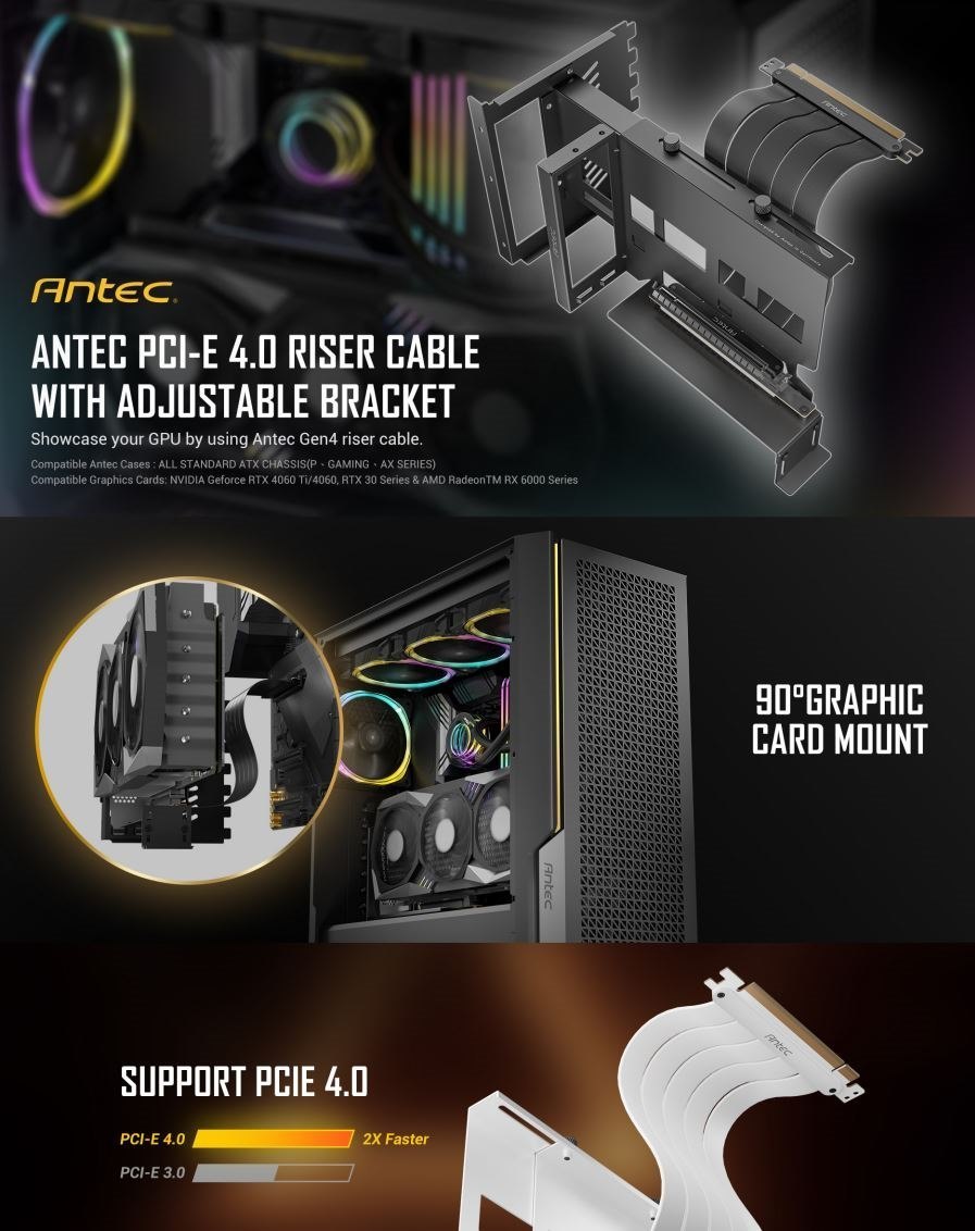 Antec (LS)Antec Adjustable Vertical Pci Bracket And Pci-E 4.0 Cable Kit (200MM) White. Universal. Premium Gold Plated + RTX 4050 / 4060 / 4070 And Amd 6000