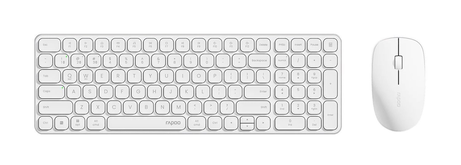 Rapoo 9320M Bluetooth 4.0, 5.0 + 2.4G Wireless Multi-Mode Keyboard Mouse Combo, Aluminum Base, 2400 Dpi, 10M Range, Compact White Retail Pack