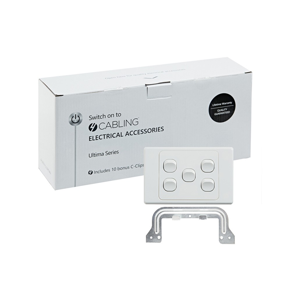4Cabling 4C | Ultima 5 Gang Switch 250V 16Ax - Horizontal - 10 Pack With 10 Free C-Clips