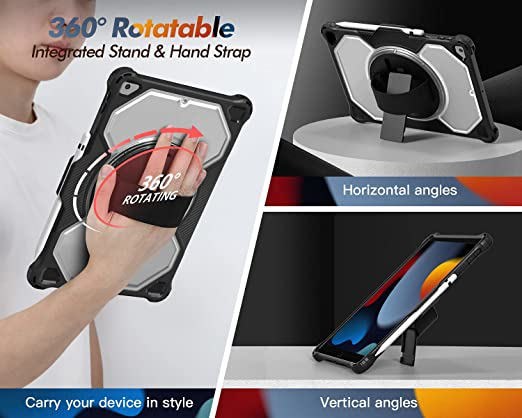 iPad 9th/8th/7th Generation Case iPad 10.2 Inch (2021/2020/2019Model) Case, PC TPU Full-Body Rugged Transparent Back 360 Rotate Kickstand, Shoulder Strap & Pencil Holder, Black&Clear