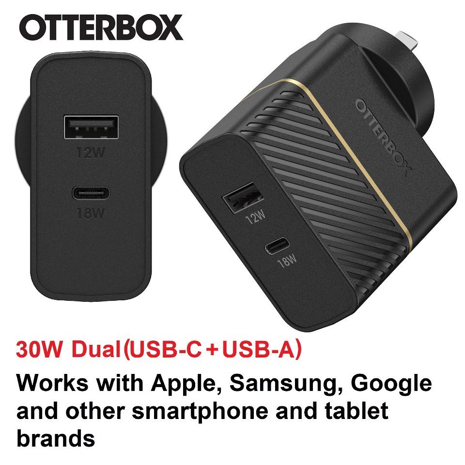 OtterBox 30W Dual Port Premium PD Fast Wall Charger - Black (78-80029),1X Usb-A (12W), 1X Usb-C (18W),Compact,Up To 3.6X Faster Charging, Travel-Ready