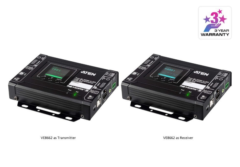 Aten True 4K Hdmi H.265 Over Ip Transceiver With PoE, True 4K Video, Audio, Usb, And RS-232 Over Ethernet, Supports Av Matrix Switching And Video Wall