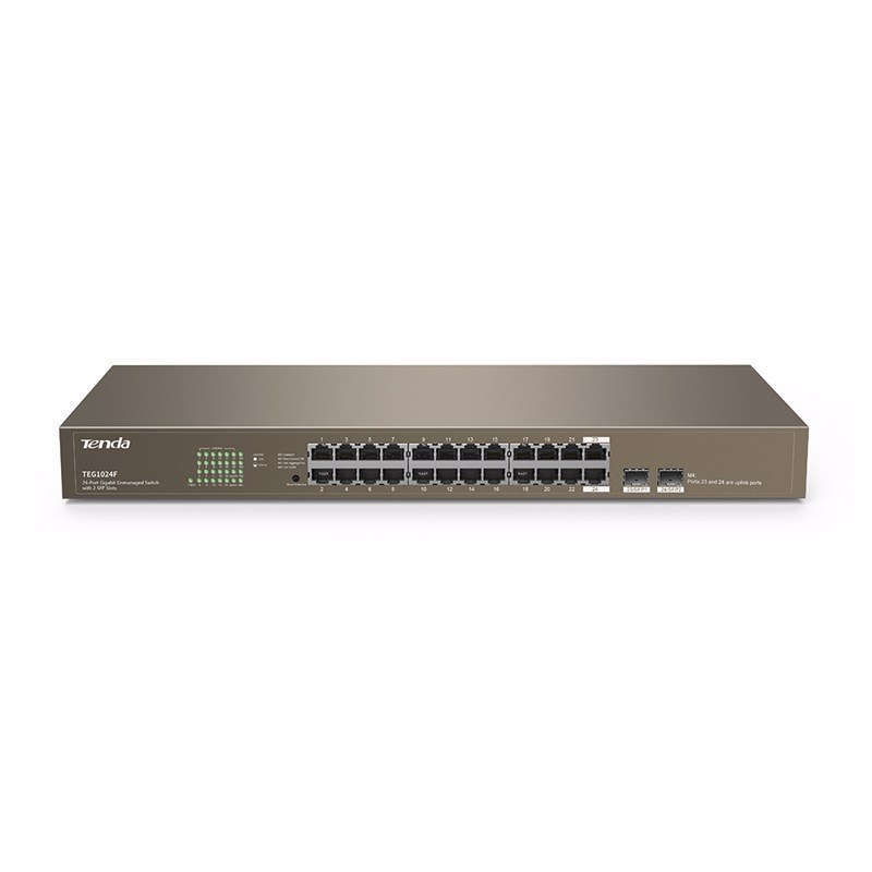 Tenda Teg1024f 24-Port Gigabit Unmanaged Switch With 2 SFP Slots 20KM, 10/100/1000 MBPS Auto-Negotiation RJ45 Ports, Surge Protection, 4 Modes Fanless