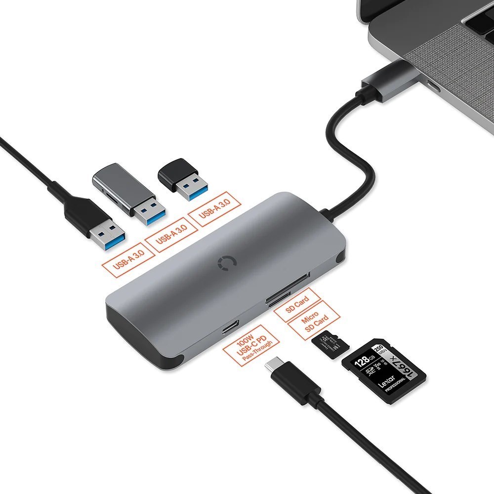 Cygnett Unite SlimMate Usb-C Hub - (Cy3316hubc3) 1xSD 1xMicro SD 3xUSB-A 3.0 100W Usb-C Power Delivery High-Speed Data Transfer 15CM CBL Length