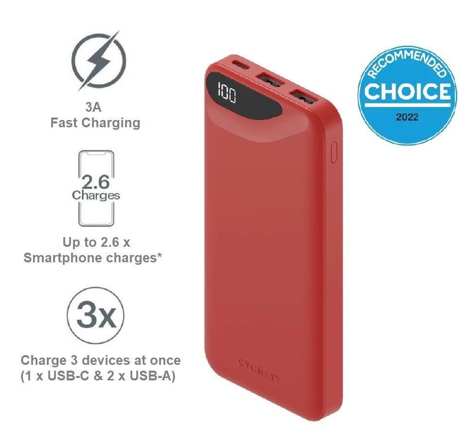 Cygnett ChargeUp Boost 3RD Gen 10K mAh Power Bank - Red (Cy4343pbche), 1X USB-C(15W),2x Usb-A(12W), 15CM Usb-C Cable,Digital Display,Total Output 15W