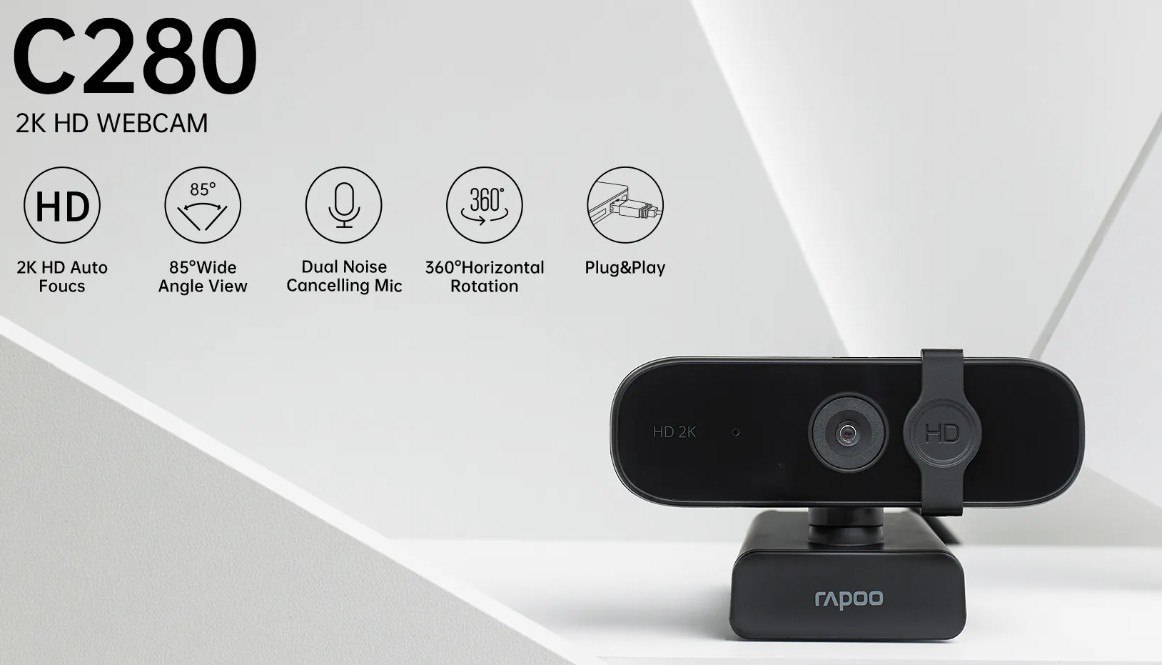 Rapoo C280 2K Webcam - 85 Degree Wide Angle Lens, 360 Degrees, Omini Mic. Noise Cancel, AutoF Plug & Play. Teams, Google Meet, Zoom, Win Hello, Wechat