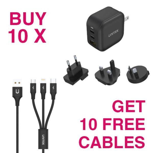 Unitek Kit- Buy 10 X Unitek PD66W GaN 3-Port Travel Chargers (Black) + 10 X Free Unitek 1.2M 3-In-1 Usb-A To USB-C/microUSB/Lightning Cables (Black)
