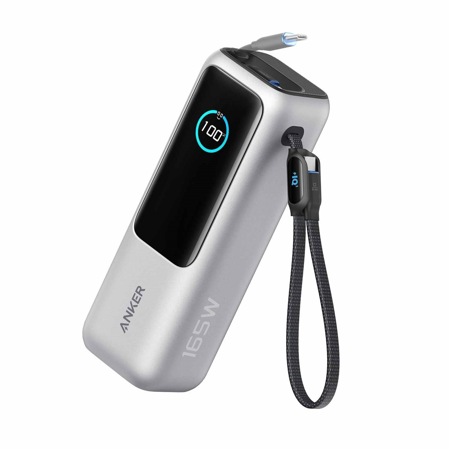 Anker 25000 mAh Power Bank 165W With Built-In Usb-C And Retractable Cable Silver