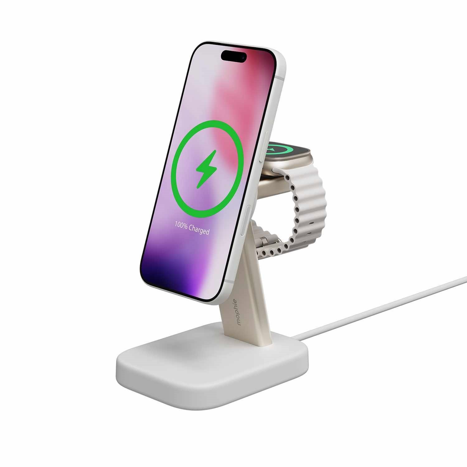Mophie Qi2 2-In-1 Wireless Charging Stand 15W White For Phone And Apple Watch