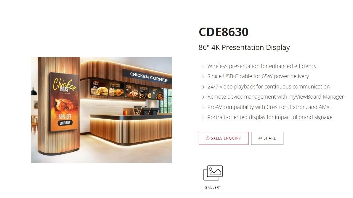 Viewsonic 86' 4K Commercial Display With Built-In Viewboard Cast. Cde8630 Wireless Display Miracast 3 Years Advance Replacement