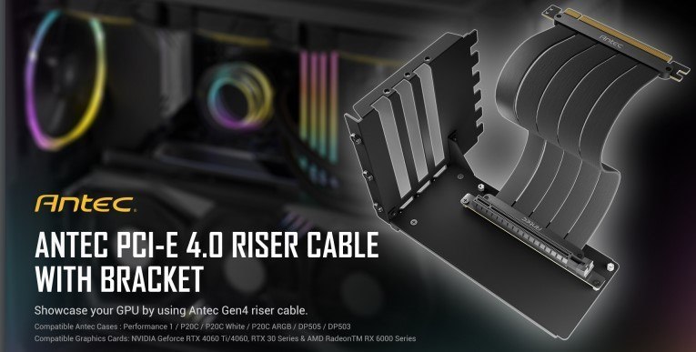 Antec Adjustable Vertical Bracket With 200MM High Performance Pci-E Riser Cable. New 2024. Black Universal Case Support