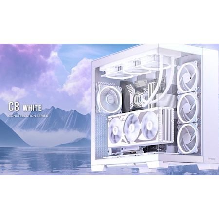 Antec C8 E-Atx, Matx, Itx, Seamless Edge View Front And Side, Usb-C, 4MM Tempered Glass, 360MM Liquid Cooler Top, Bottom, Side. 2X Usb 3.0 White Case.