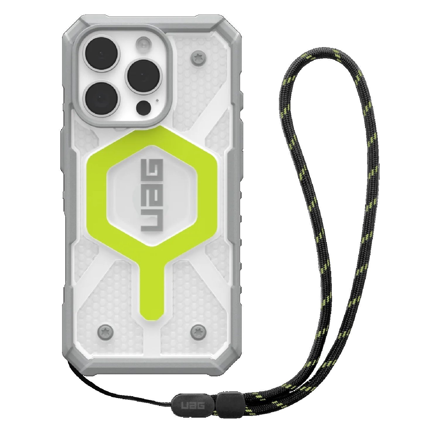 Uag Pathfinder Clear MagSafe Apple iPhone 16 Pro (6.3') Rugged Case + Black Neon Lanyard - Active Neon (1144641BV01), 10 Years Warranty
