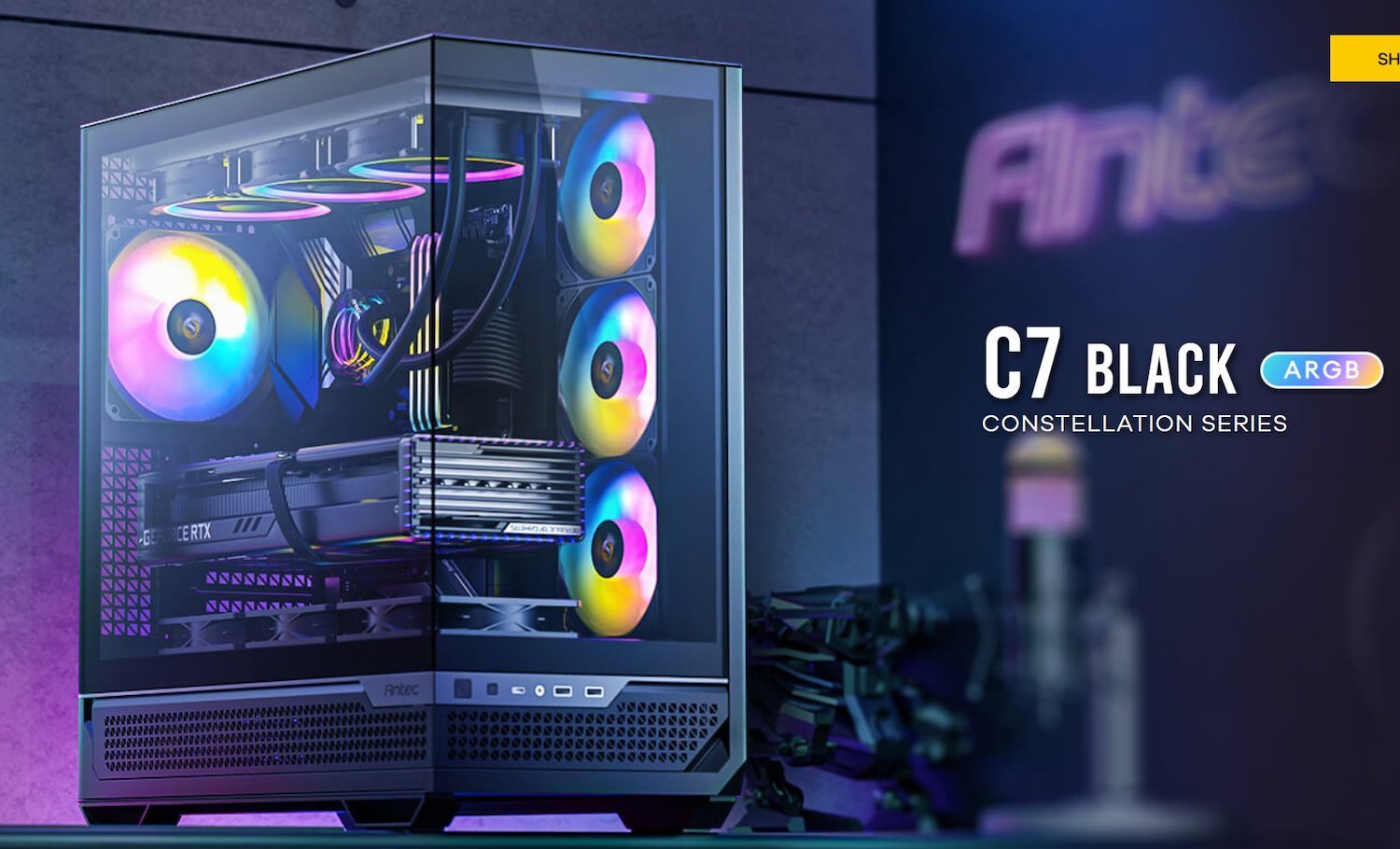 Antec C7-Argb E-Atx Seamless Panoramic 270 View, Usb-C, 4X Argb PWM Fans. Side Radiator Support. RTX 4090, Back Connect MBs, Flip Door, Black Case