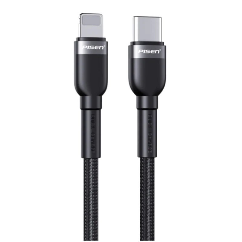 Pisen Braided Lightning To Usb-C PD Fast Charge Cable (2M) Black-Supports 3A,Reinforced Wire Treatment For Damage Resistance,Apple iPhone/iPad
