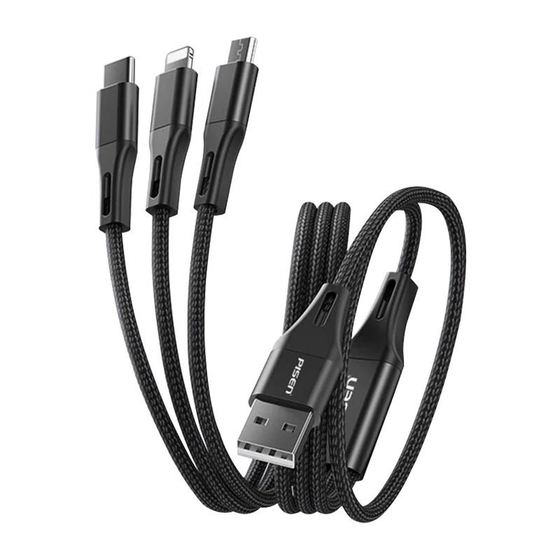 Pisen Braided 3-In-1 Usb-A To Lightning + Usb-C + Micro-USB Cable (1.5M) - Black, 3A/15W, Aluminum Alloy, Wear-Resistant, Faster Charging Speeds