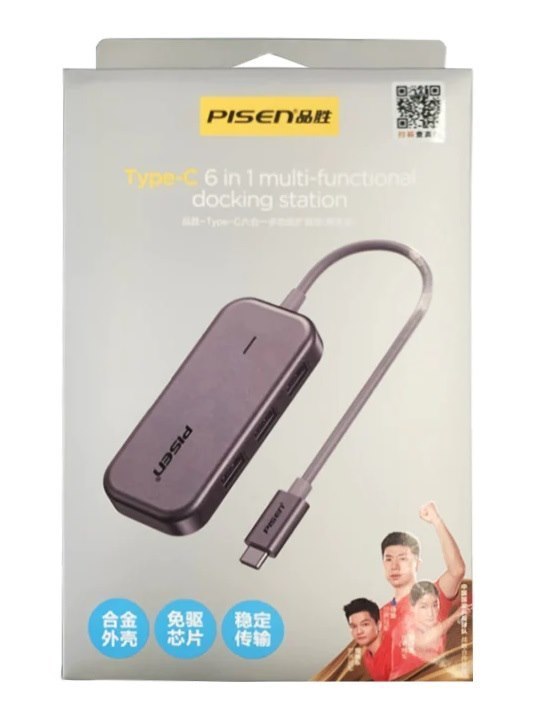 Pisen 6-In-1 Multi-Port Usb-C Multiport Hub Adapter Docking Station 3xUSB-A 3.0 1x4K Hdmi 1xRJ-45 1xVGA Connect Laptop To Multiple Devices