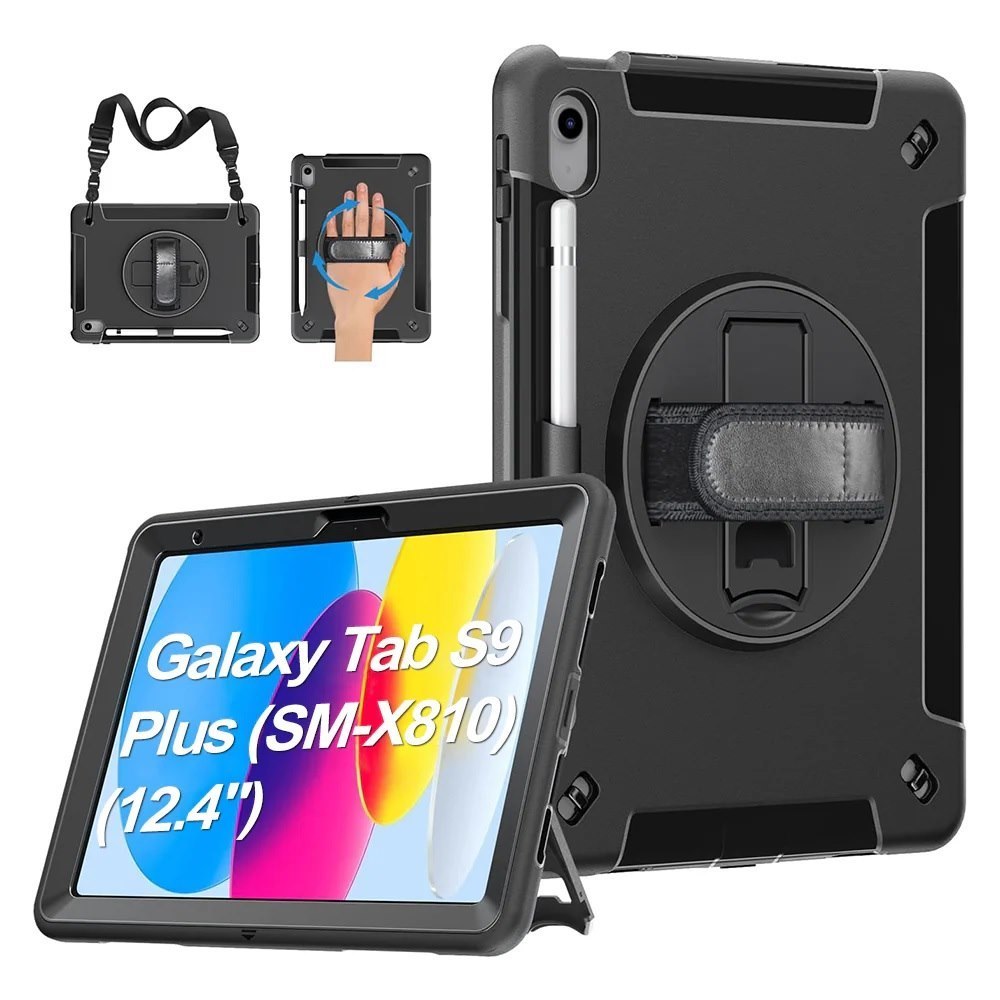 Usp Rugged Samsung Galaxy Tab S10+/ Tab S9+ /Tab S9 Fe+ (12.4') Case Black - Built-in-Kickstand, Adjustable Hand Strap, Shoulder Strap, Pen Holder