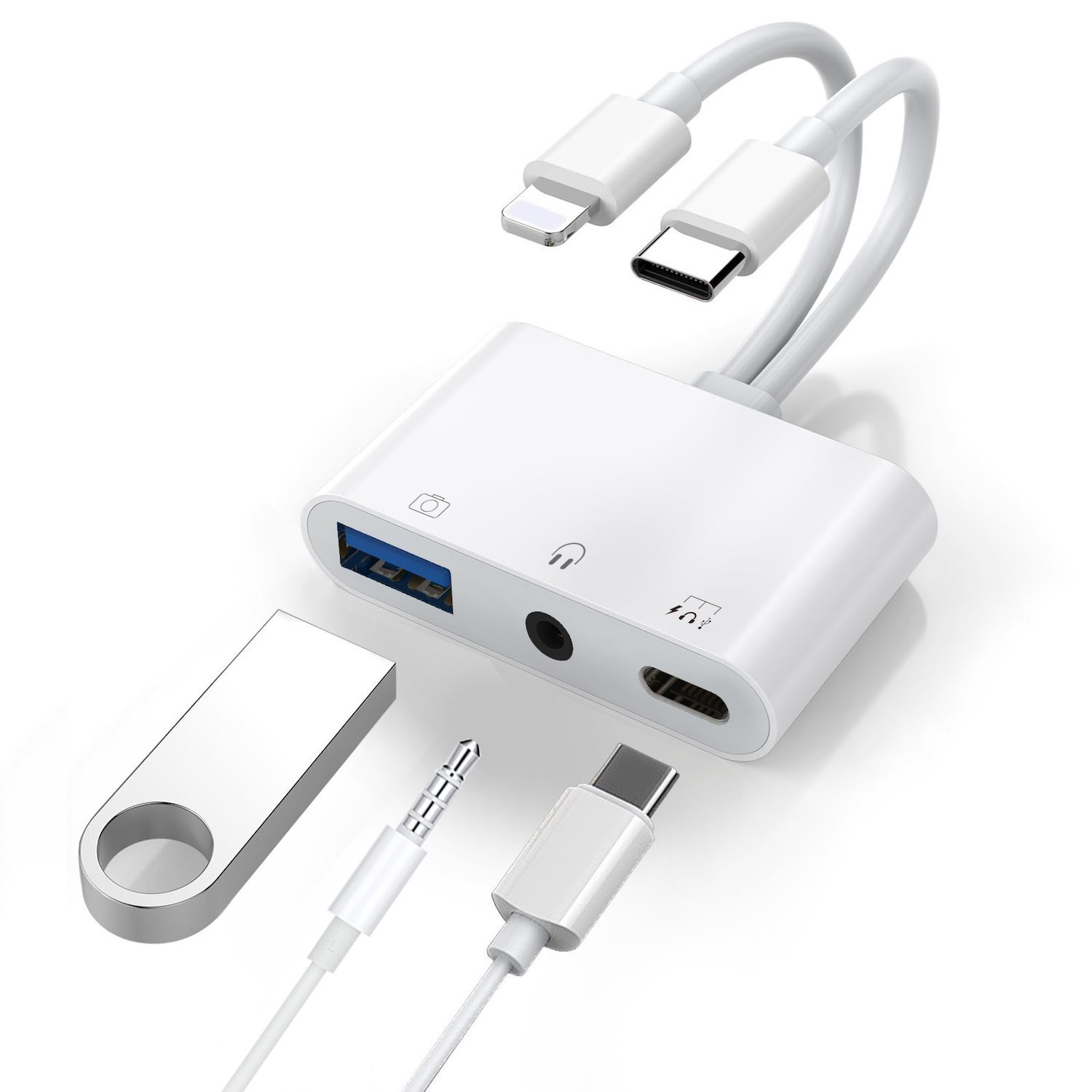 Usp Lightning/USB-C To Usb Adapter Features A Usb Otg Port, 3.5MM Headphone Jack & Fast-Charging Port