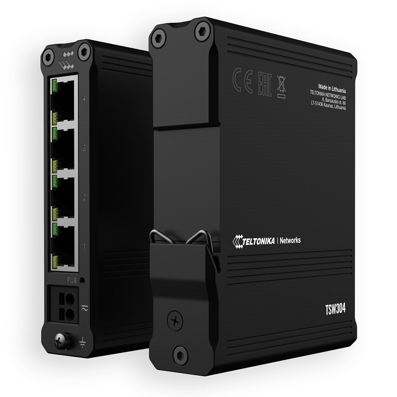 Teltonika TSW304 4+1 Port, Shock Resistant Unmanaged Gigabit Network Switch, Din Rail Mount