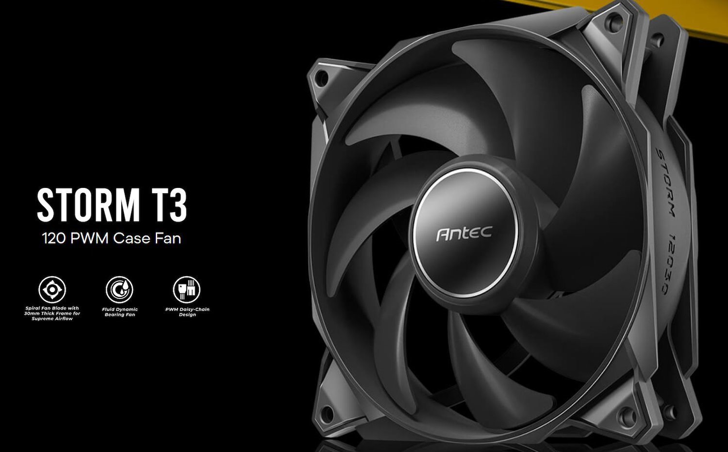 Antec Storm 120MM T3 PWM FDB Fan, High Airflow 80.47 CFM, Air Pressure 2.7, Noise Level 36.99. Woven Cable, PMW Daisy Chain Design, 3 YRS Warranty