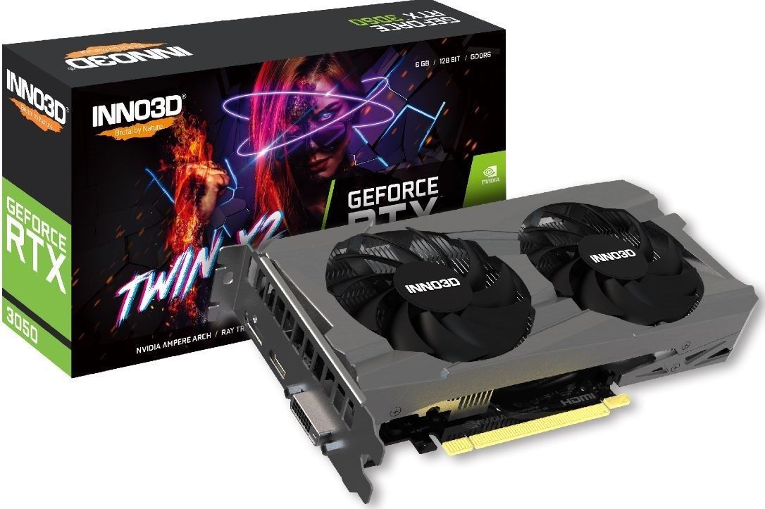 Inno3d nVidia GeForce RTX 3050 Twin X2 Gpu 6GB GDDR6, 1470MHz Boost Clock, Ram 14Gbps, 1xDP, 1xHDMI, 1X Dvi,