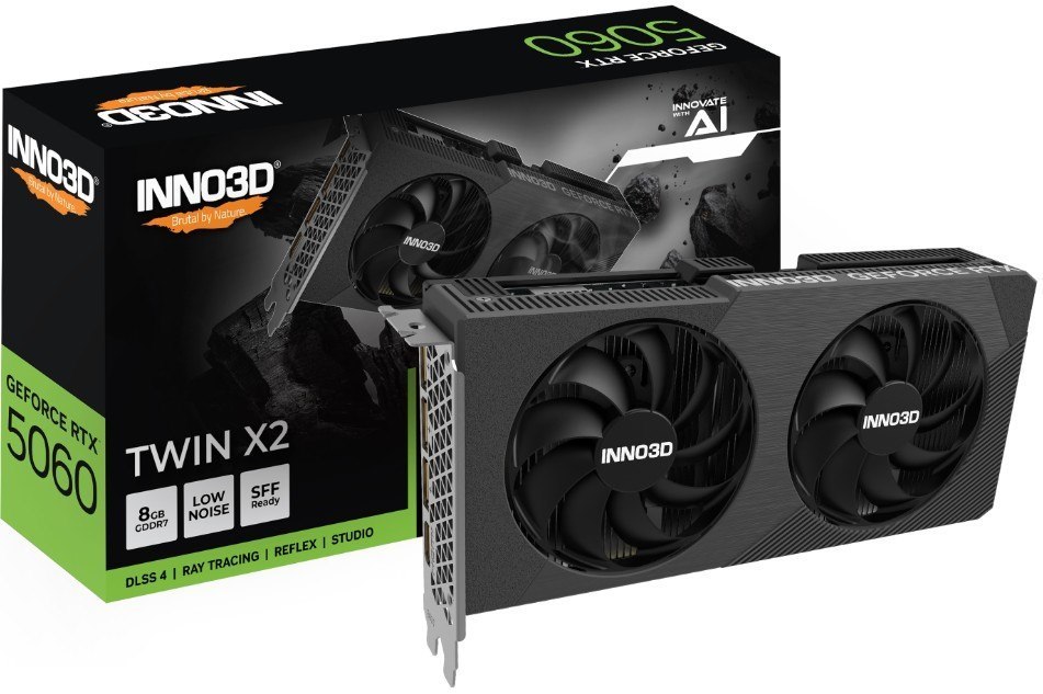 Inno3d nVidia GeForce RTX 5060 Twin X2 Oc V2 8GB GDDR7, 2527MHz Boost Clock, Ram 28Gbps, 3xDP, 1xHDMI 225X116X41MM
