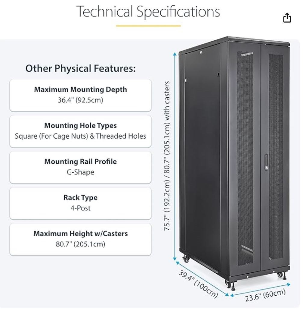 StarTech 4-Post 42U Server Rack Cabinet, 19" Data Rack Cabinet for IT Equipment Mount, Full Size Network Cabinet Storage