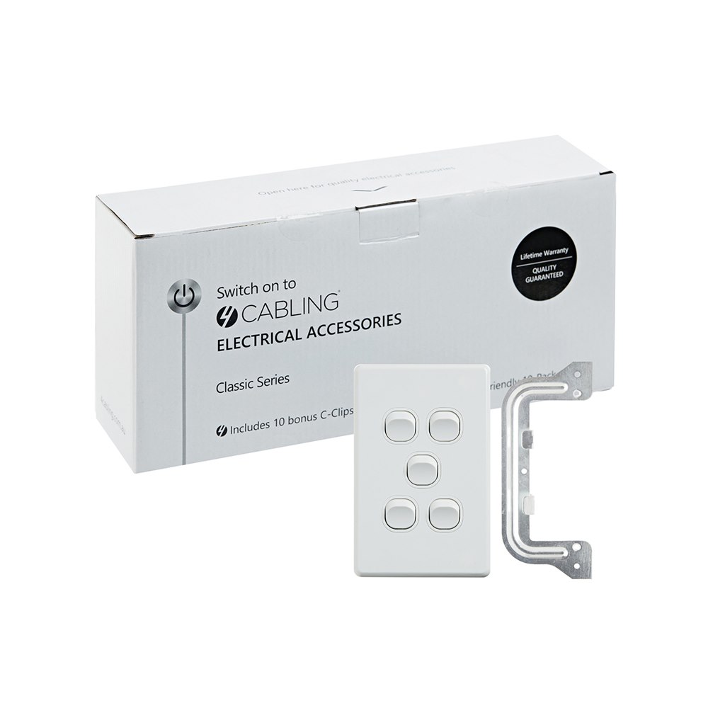 4Cabling 4C | Classic 5 Gang Switch 250V 16Ax - Vertical - 10 Pack With 10 Free C-Clips