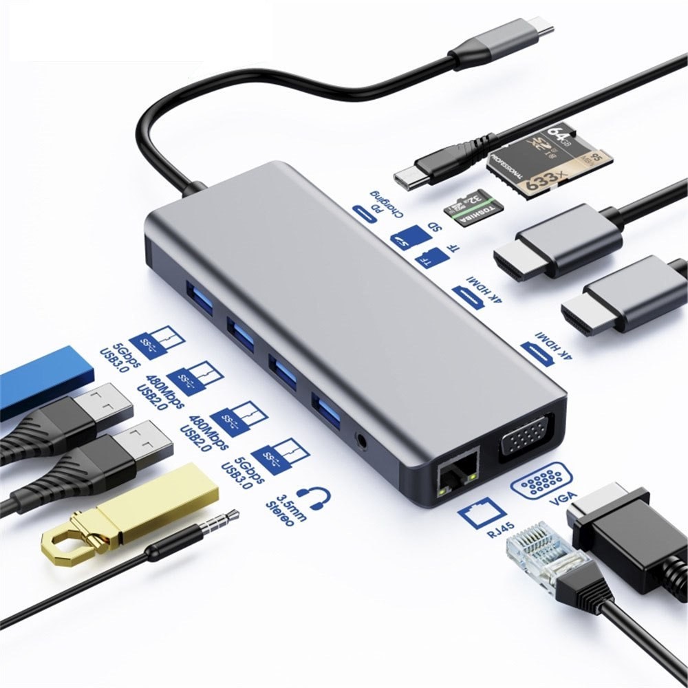 Astrotek Usb-C Dock 12-In-1 Multiport Hub/Docking Station With 100W Power 2xHDMI 4K Vga Glan 2xUSB3.0 2xUSB2.0 Card Reader For HP Lenovo Asus MacBook
