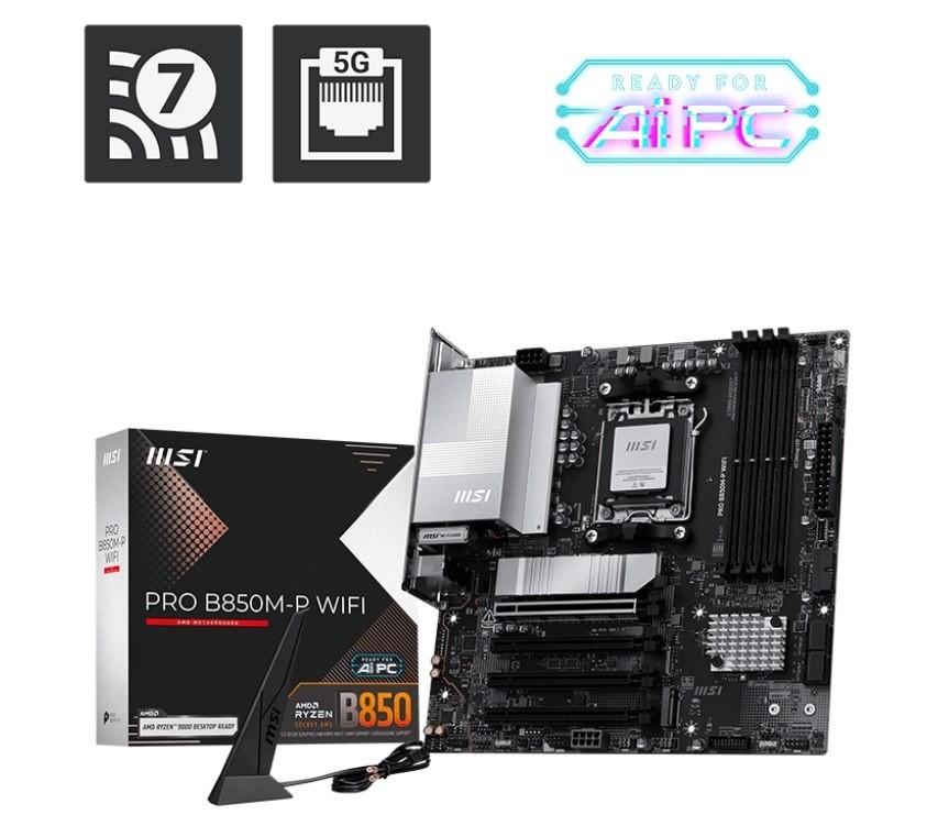 Msi Pro B850M-P Wifi, Am5, 4X DDR5 256GB, 1X Hdmi, 1X Pci-E X16 Slot, 3X M.2,4X Usb2.0, 3X Usb C, Wi-Fi 7