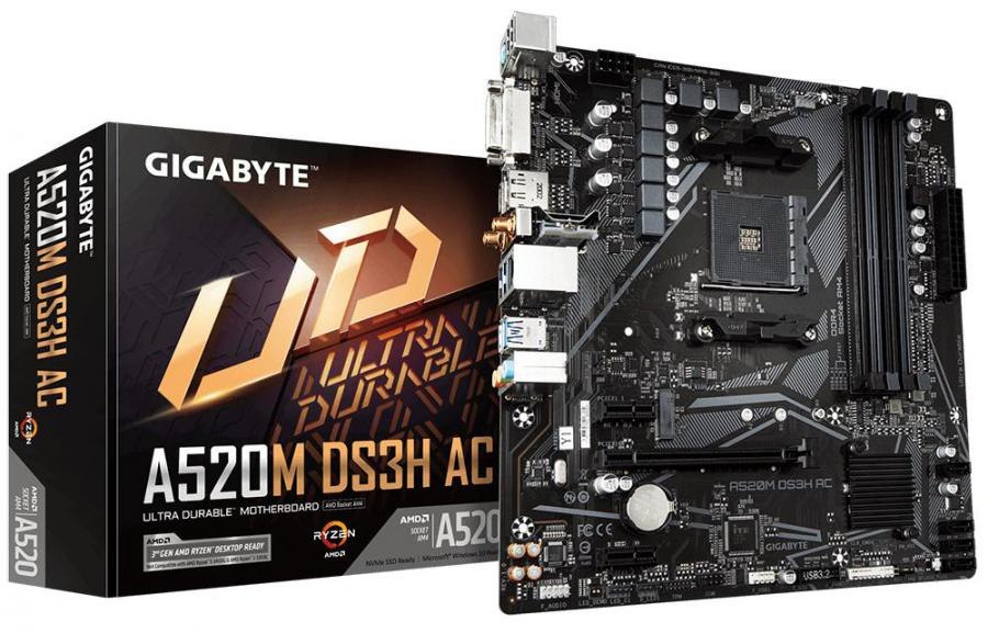 Gigabyte A520m DS3H Ac MB, Am4, 4xDDR4, 4xSATA, 1xM.2, Usb3.2 Gen1, Wifi-Ac, Uatx, 3YR WTY