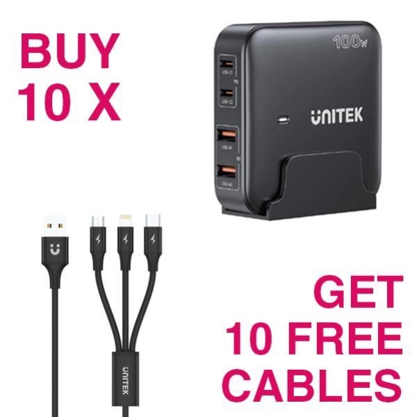Unitek Kit - Buy 10 X Unitek PD100W 4-In-1 GaN Desktop Charging Stations + 10 X Free Unitek 1.2M 3-In-1 Usb-A To USB-C/microUSB/Lightning Cables (Black)