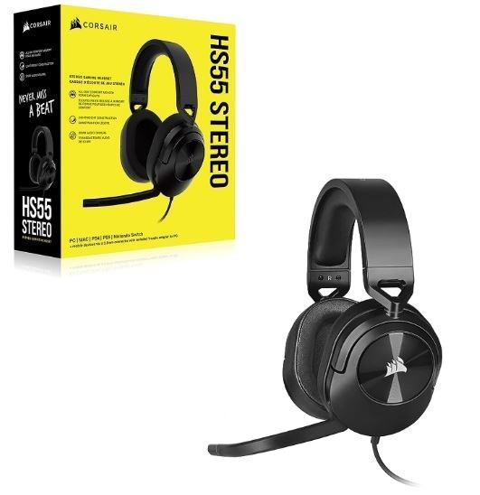 Corsair HS55 Carbon Stereo Gaming Headset, PS5 3D Audio, Box X, Switch, Discord Certified, Ultra Comfort Foam, Usb