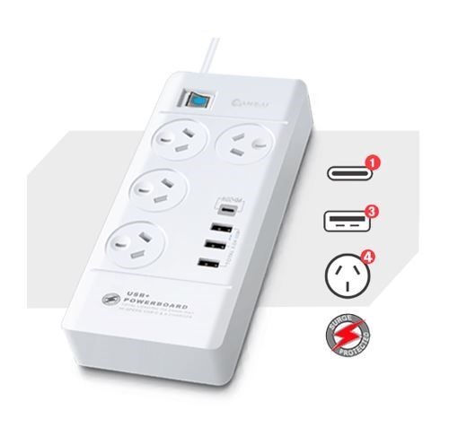 Generic Sansai 4 Outlet 3xUSB-A & 1xUSB-C Powerboard Master On/Off Switch Surge And Overload Protected Fast Charging 1M 20W 220-240V 10A Iv Retail Box