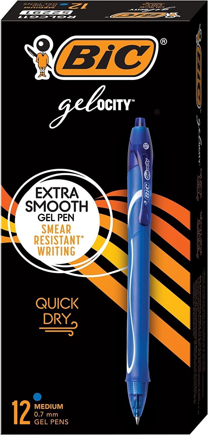 [LOW STOCK] BIC Gel-ocity Quick Dry Gel Pen, Medium Point (0.7mm), Blue, For a Smooth Writing Experience, 12 Count (Pack of 1) Bic Gel-ocity Pens