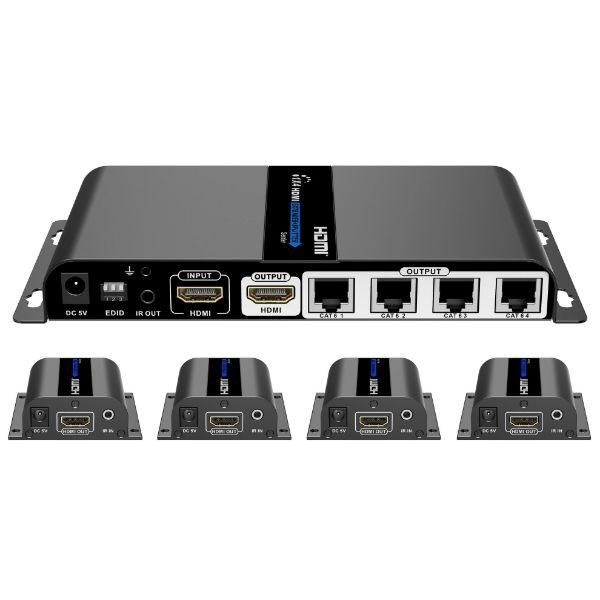 Lenkeng Lkv714pro 1 In 4 Out Hdmi Extender. 1X Hdmi In To 4X RJ45 Out. 4X Receivers Included. Supports 1080P 60Hz Over Cat6 For Up To 40M. Remote Power Receivers From Transmitter. With Local Hdmi Out.