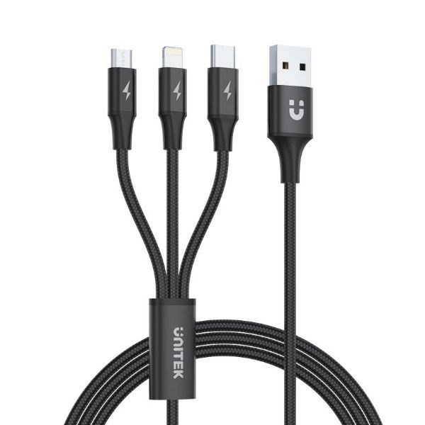 Unitek 1.2M Usb 3-In-1 Charge Cable. Integrated Usb-A To Micro-B, Lightning Connector & Usb-C Connector. Black Colour.