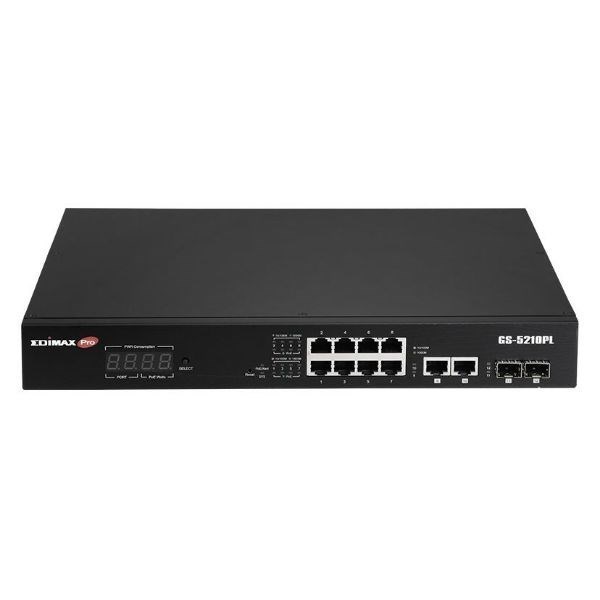Edimax 12-Port Surveillance Long Range Gigabit PoE+ Web Smart Switch With 2 Gigabit RJ45 & 2 SFP Ports. Max Power Budget 110W. Supports PoE Up To 200M. Ieee 802.3Af/At PoE Compliant. Ip Surveillanc