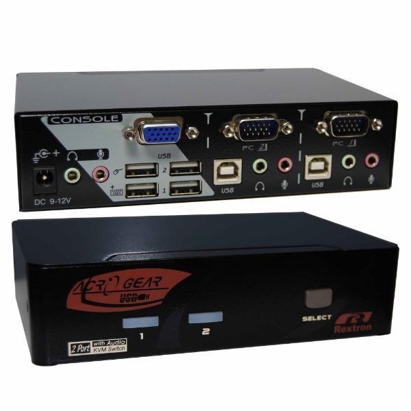 Rextron 1-2 Automatic Vga/Usb KVM Switch. Share 1X Usb Keyboard/Mouse & Vga Video With 2X CPU's. Mic & Speaker Audio Ports. 4X Usb Hub For Sharing Peripherals Between Computers. Hot Key Support.