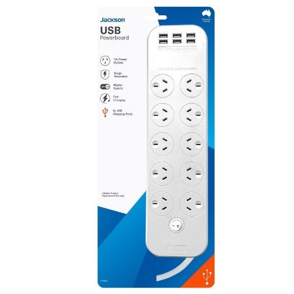 Jackson 10-Way Power Board With 6X Usb-A Fast Charging Ports (4.5A) 10 Surge Protected Power Outlets On-Board Master Switch. Safety Overload Protection. Mounting Slots On Back. 1M Power Lead.