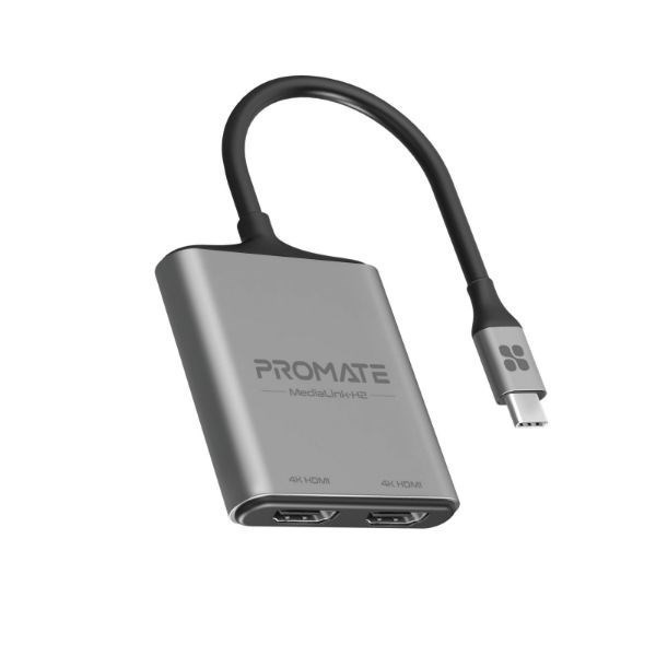 Promate 4K High Defination Usb-C To Dual Hdmi Adapter. Input Usb-C, Output 2X Hdmi Ports. Maximum Resolution 4K@30Hz(Dual Port), 4k@60Hz(Single Port). Ios, Windows, Android Compatible