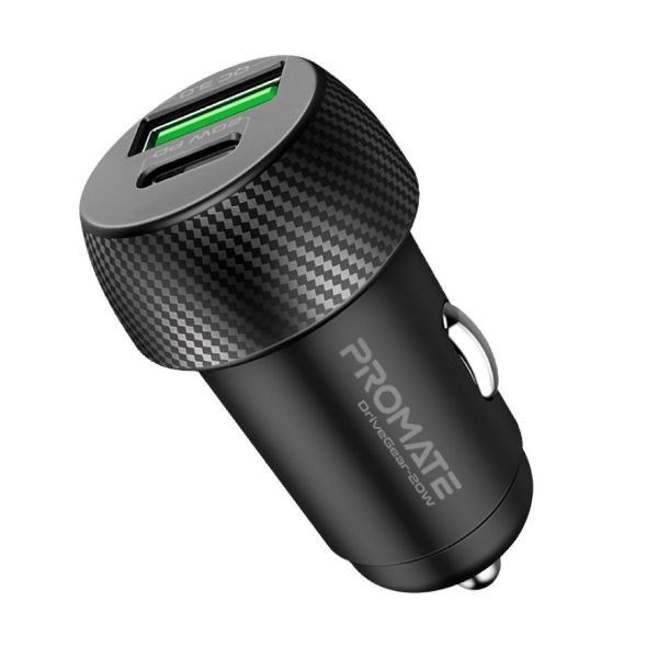 Promate 20W Dual Port Car Charger With QC3.0 And Usb-C Port. Charge Two Devices Simultaneously. Built In Surge Protection And Temperature Control. Charge Devices Up To 80% In 35 Minutes